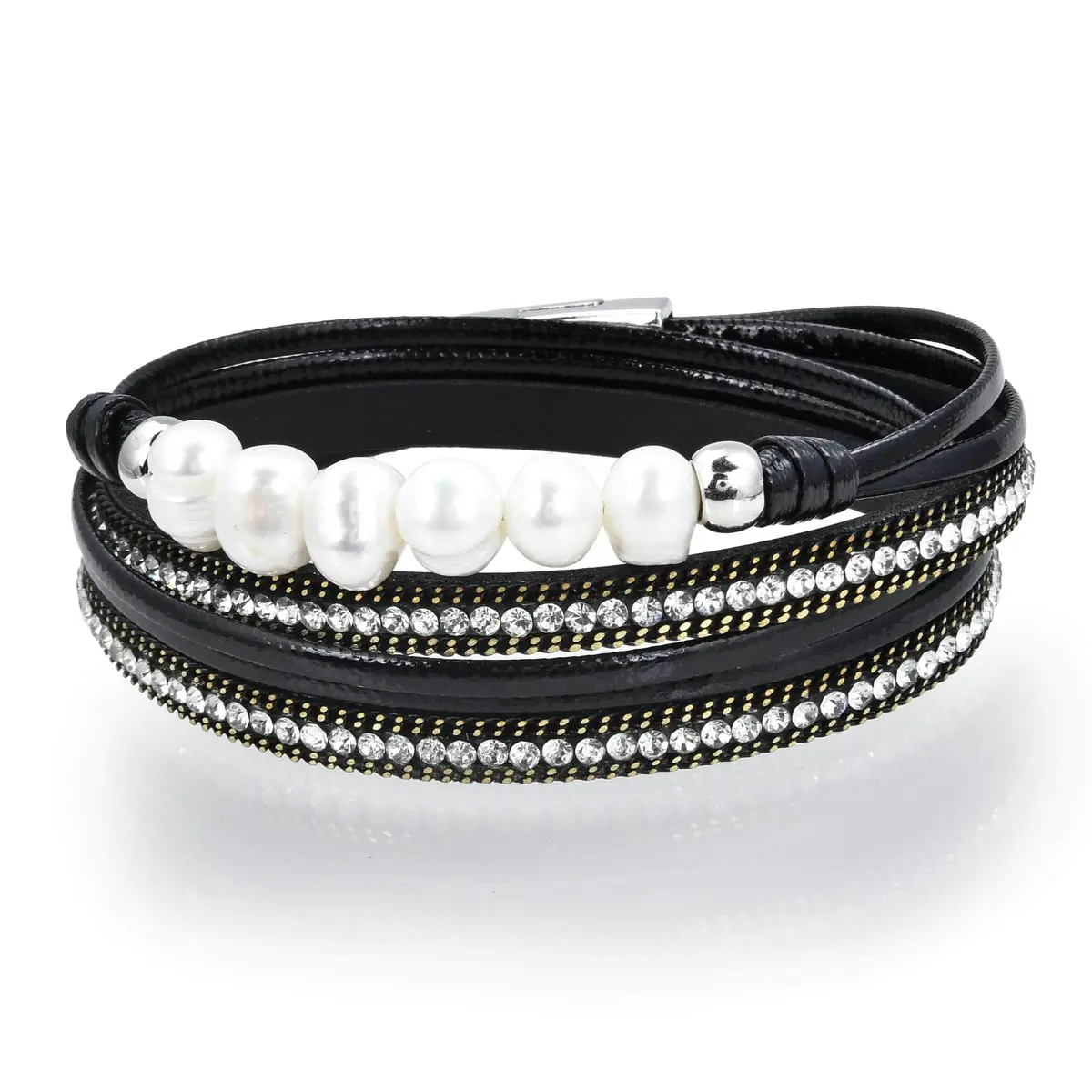 Multiple Strand Pearl And Diamonds Black Bracelet With Magnetic Clasp 1