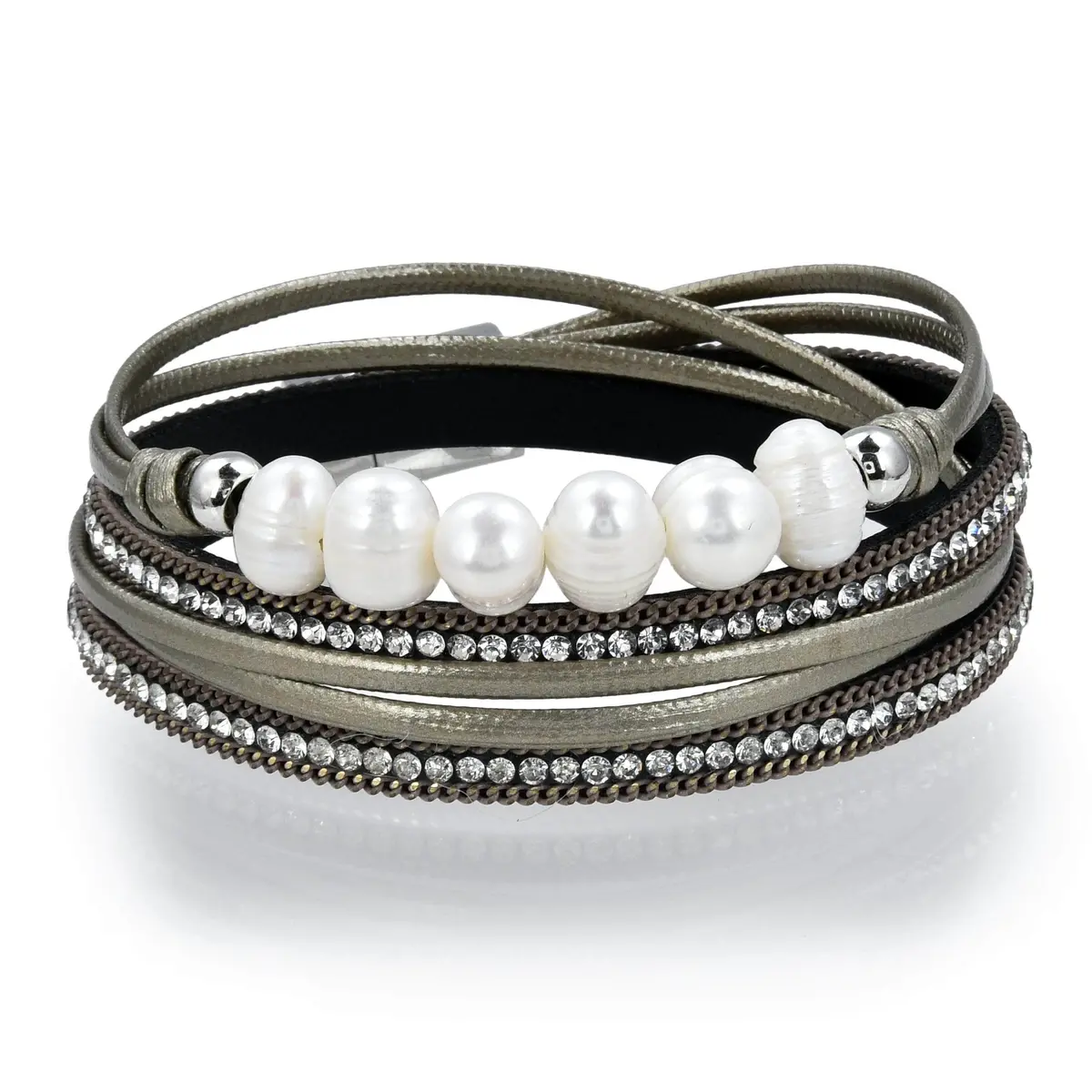 Multiple Strand Pearl And Diamonds Brown Bracelet With Magnetic Clasp 1