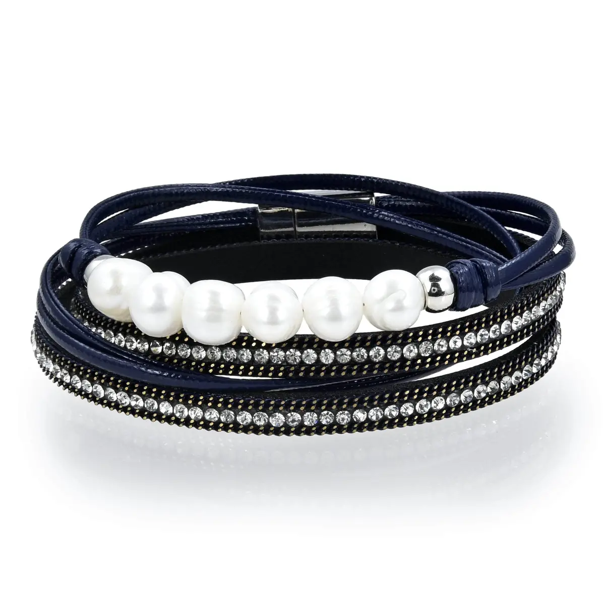 Multiple Strand Pearl And Diamonds Navy Blue Bracelet With Magnetic Clasp 1