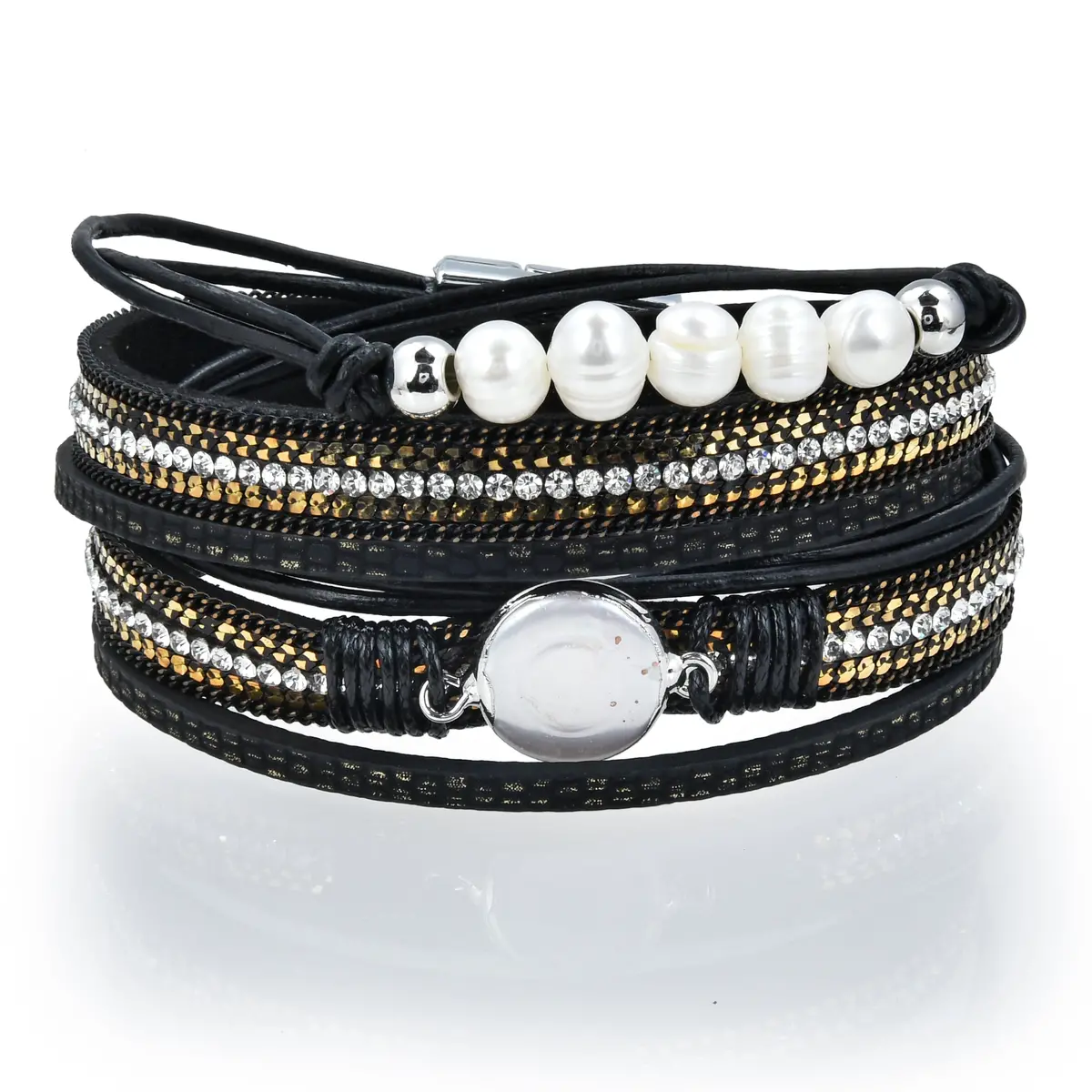 Multiple Strand Pearl, Gold And Diamonds Black Bracelet With Magnetic Clasp 1