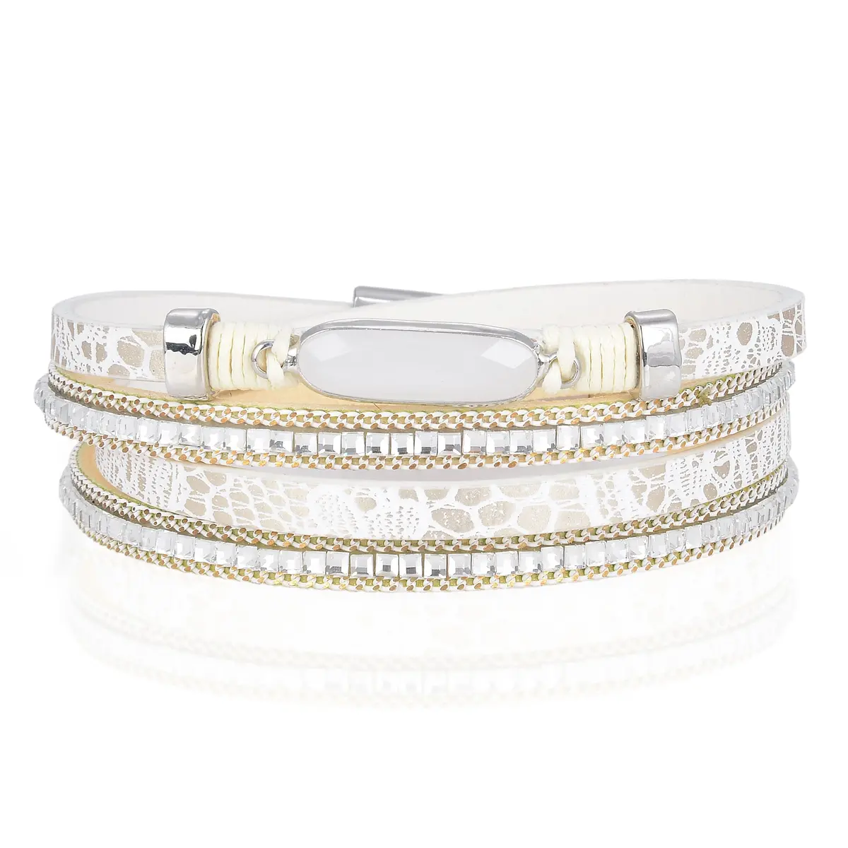 Multiple Strand White Bracelet With Natural Gemstone And Magnetic Clasp 1
