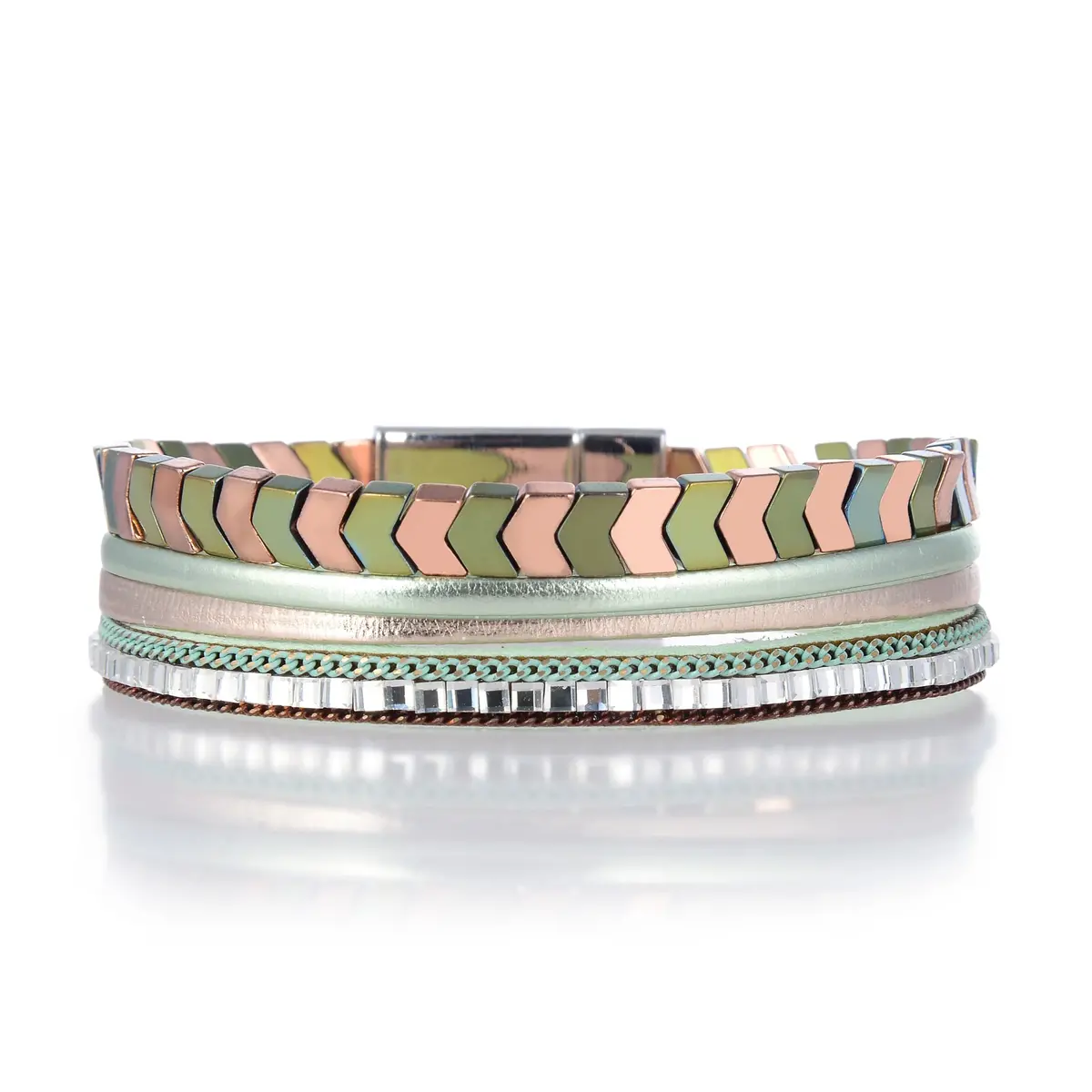 Short Multiple Strand Bracelet Pink And Green With Magnetic Clasp 1