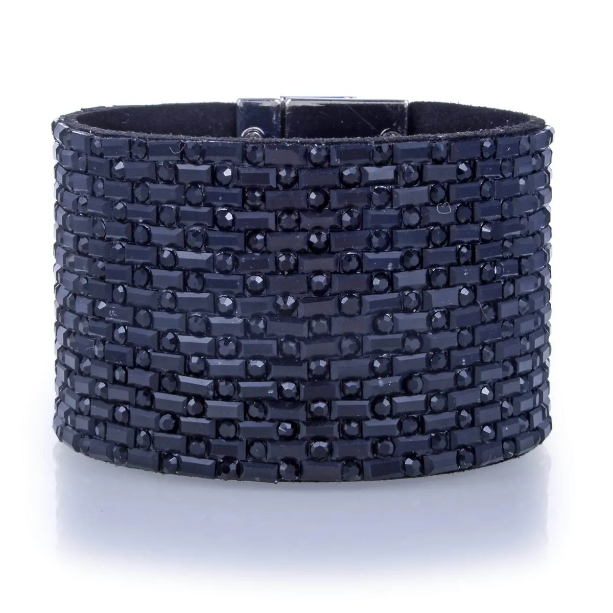 Wide Strand Bracelet Leather Baguette Gemstone Bead Black With Twist Clasp 1