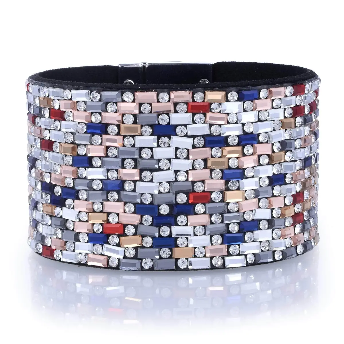 Wide Strand Bracelet Leather Baguette Gemstone Bead Multi-Color With Twist Clasp 1