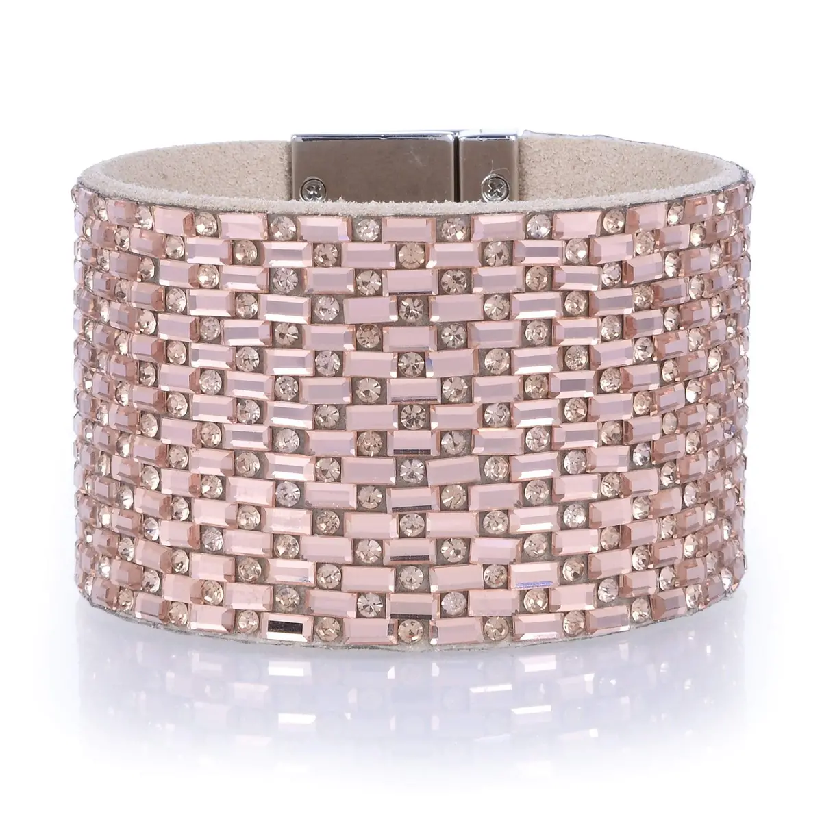 Wide Strand Bracelet Leather Baguette Gemstone Bead Rose Gold With Twist Clasp 1