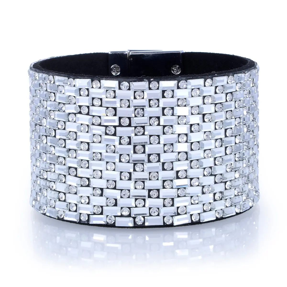 Wide Strand Bracelet Leather Baguette Gemstone Bead White With Twist Clasp 1