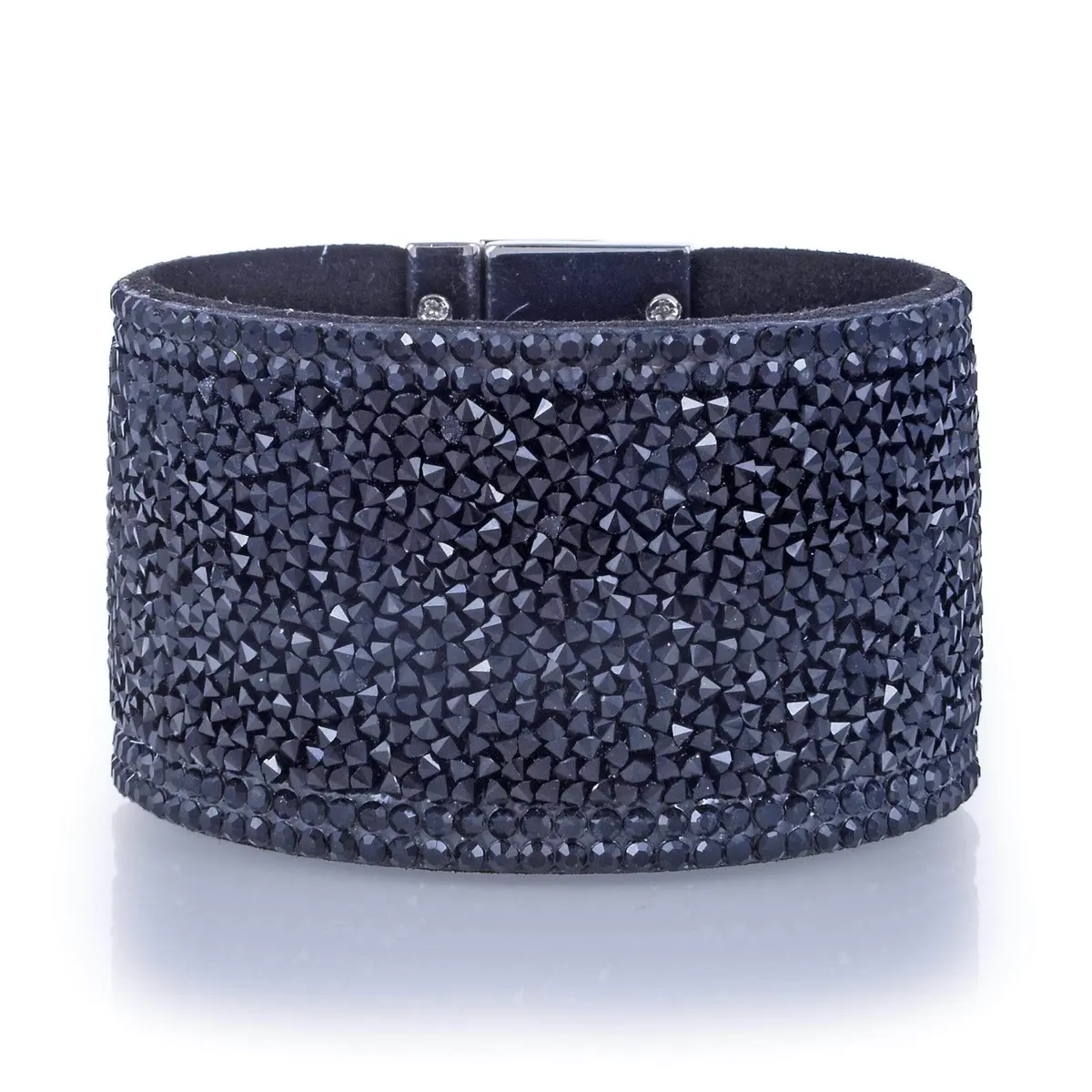 Wide Strand Bracelet Leather Gemstone Bead Black With Twist Clasp 1
