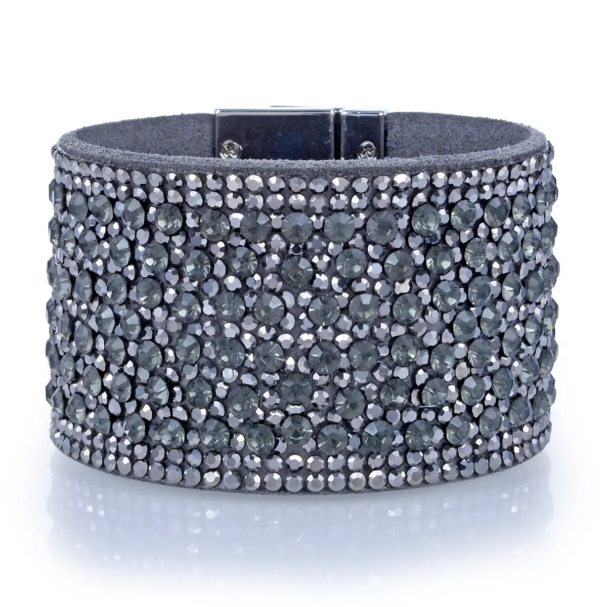 Wide Strand Bracelet Leather Gemstone Bead Dark Gray With Twist Clasp 1
