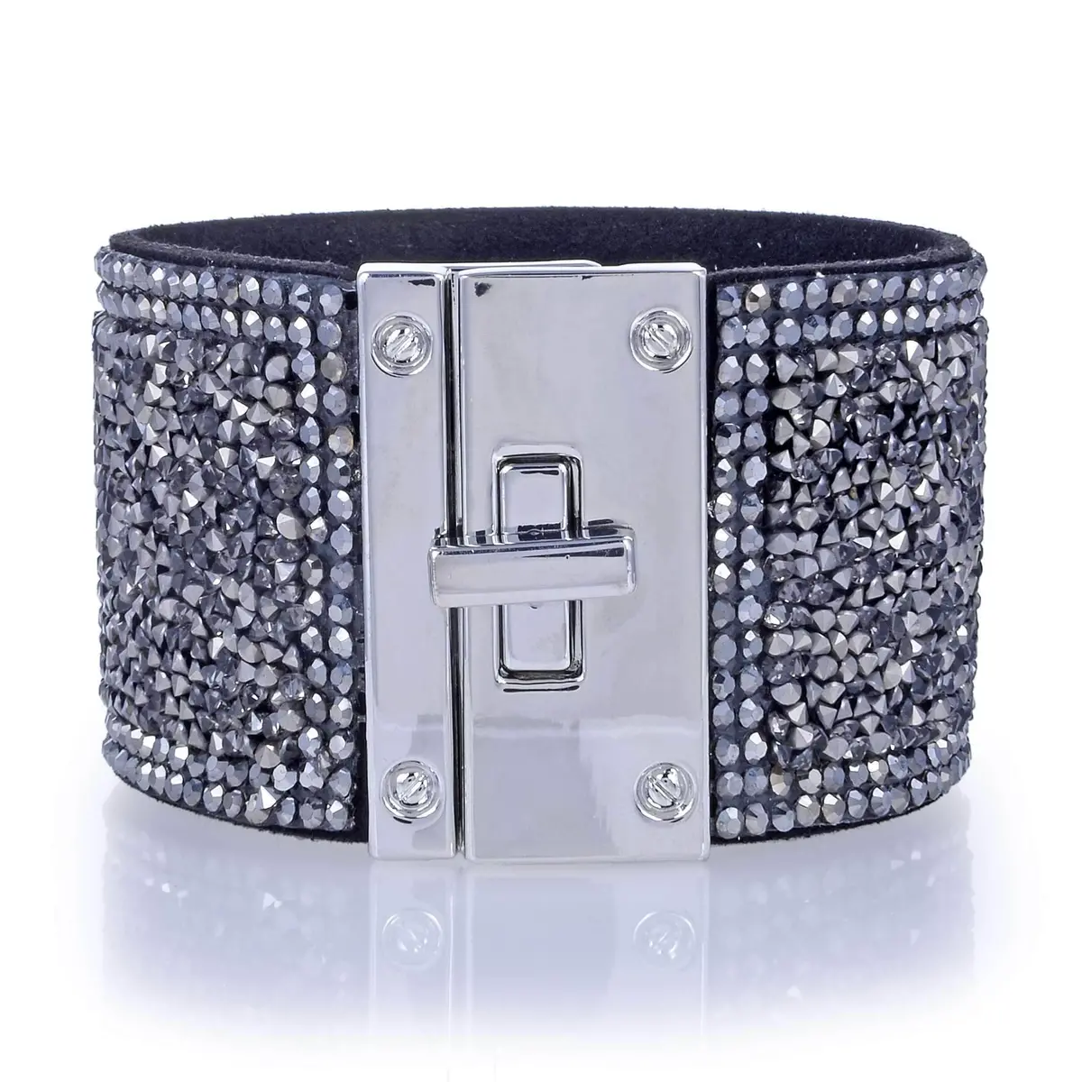 Wide Strand Bracelet Leather Gemstone Bead Gray With Twist Clasp 2
