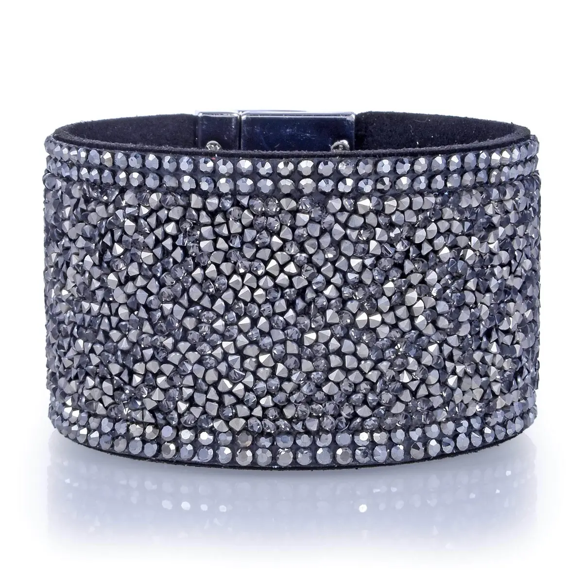 Wide Strand Bracelet Leather Gemstone Bead Gray With Twist Clasp 1