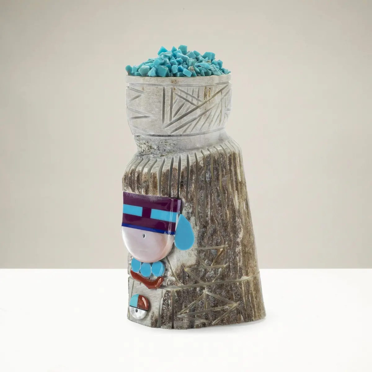 Amory Cellicion Handmade Zuni Maiden Fetish Carving With Turquoise, Coral, Jet, & Pink Mother Of Pearl 1