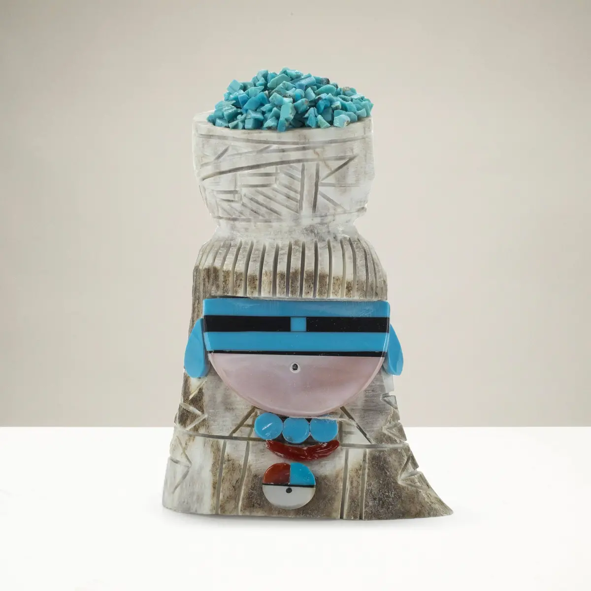 Amory Cellicion Handmade Zuni Maiden Fetish Carving With Turquoise, Coral, Jet, & Pink Mother Of Pearl 1