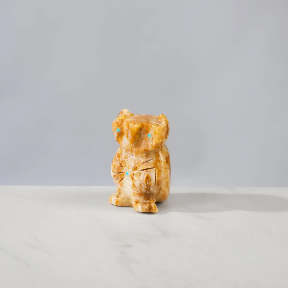 Brandon Phillips Travertine & Turquoise Handmade Zuni Fetish Owl Carving 1