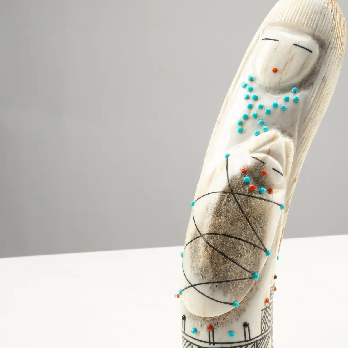 Claudia Peina Serpentine With Turquoise & Coral Handmade Zuni Maiden Fetish Carving 1