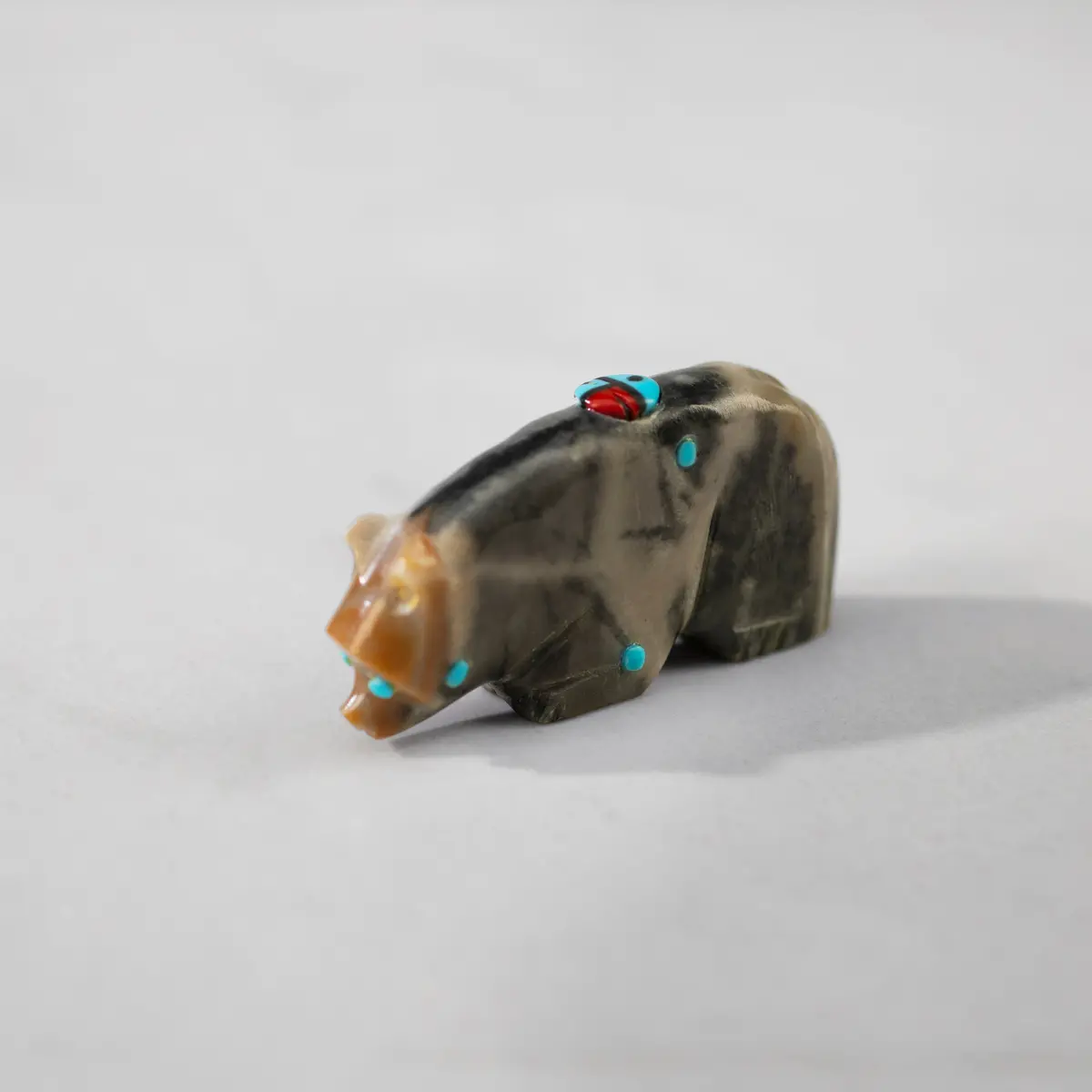 Danette Laate Picaso Marble, Turquoise, And Coral  Handmade Zuni Fetish Bear Carving 1