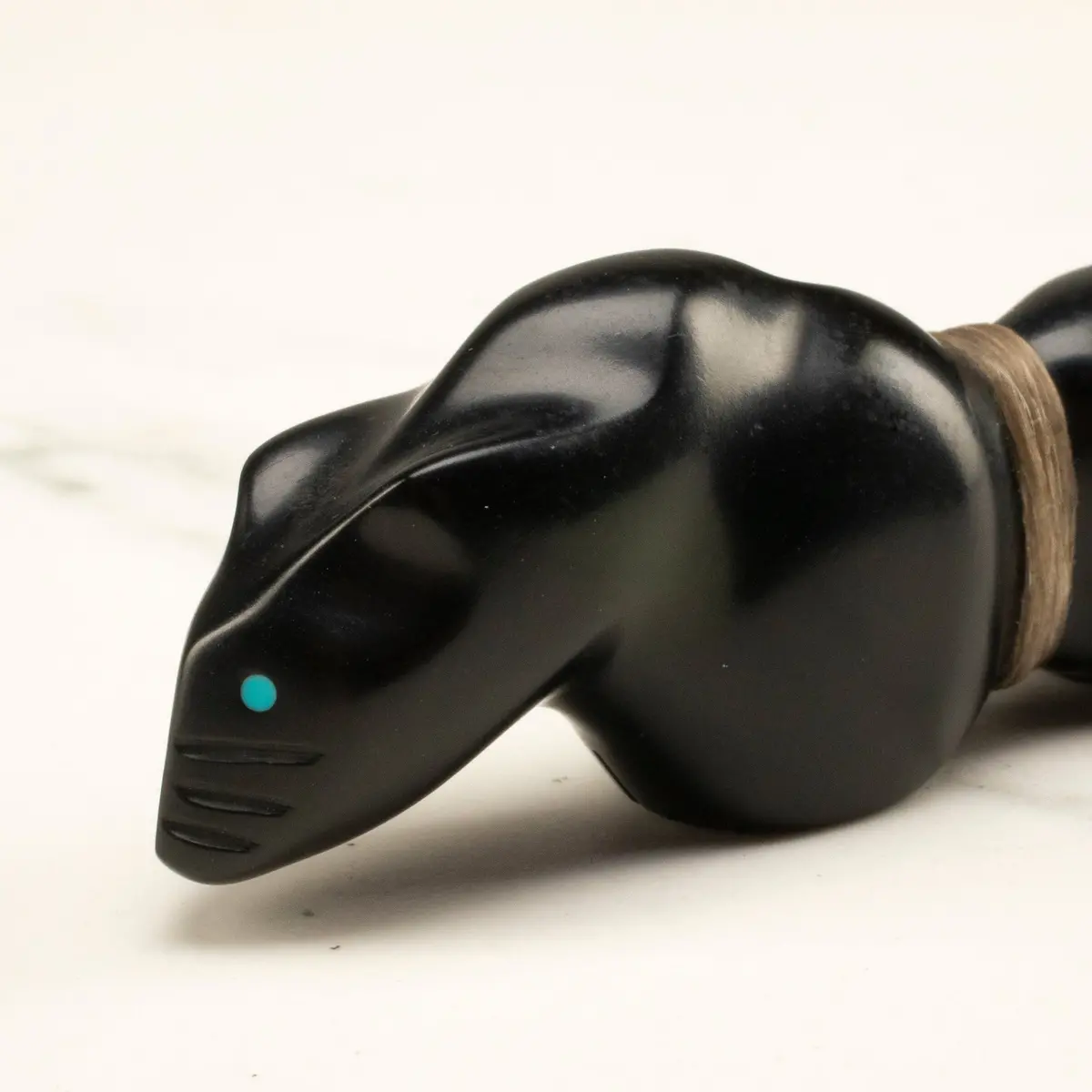 Herbert Halate Jet And Turquoise Handmade Zuni Fetish Bobcat Carving 1