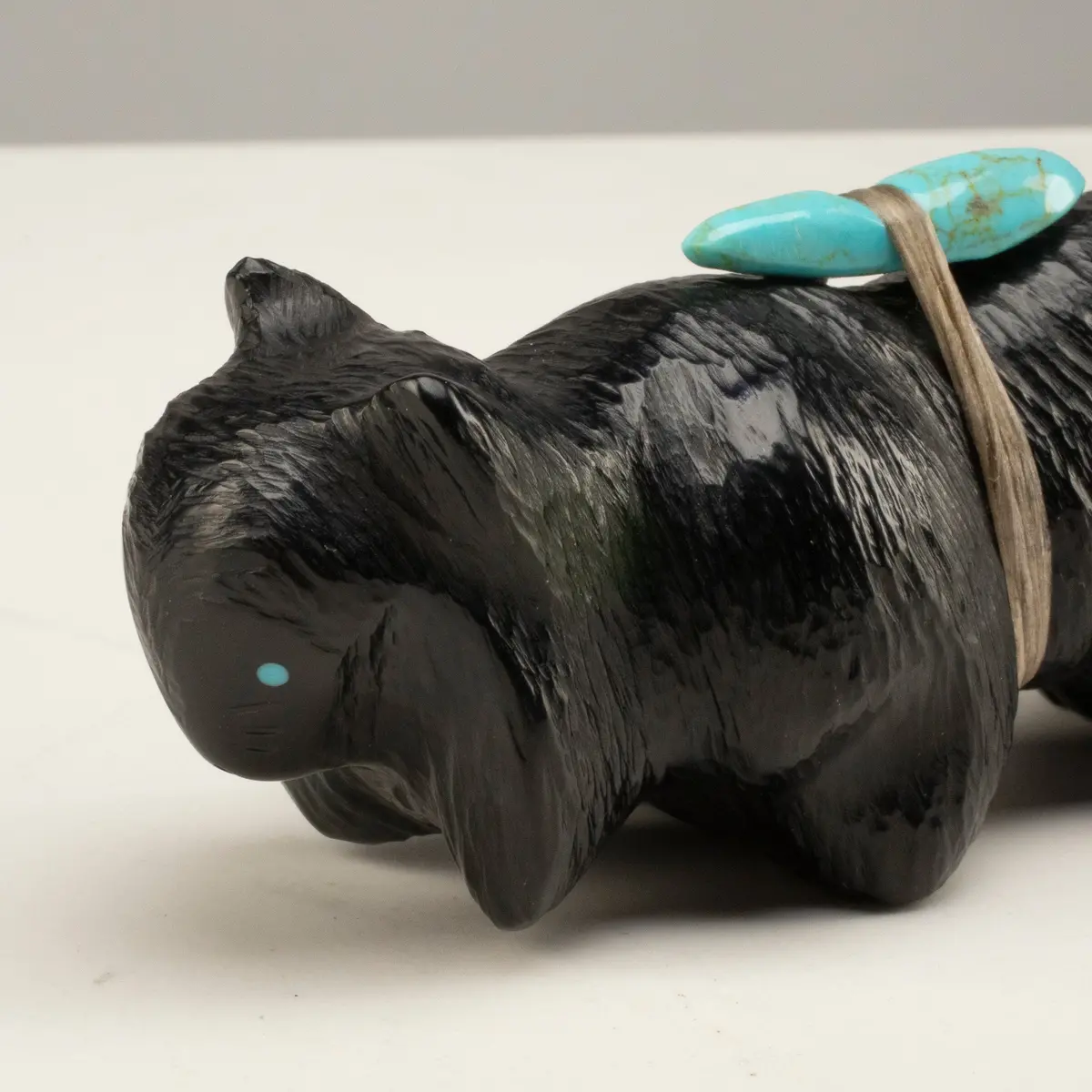Herbert Halate Jet And Turquoise Handmade Zuni Fetish Bobcat Carving 1