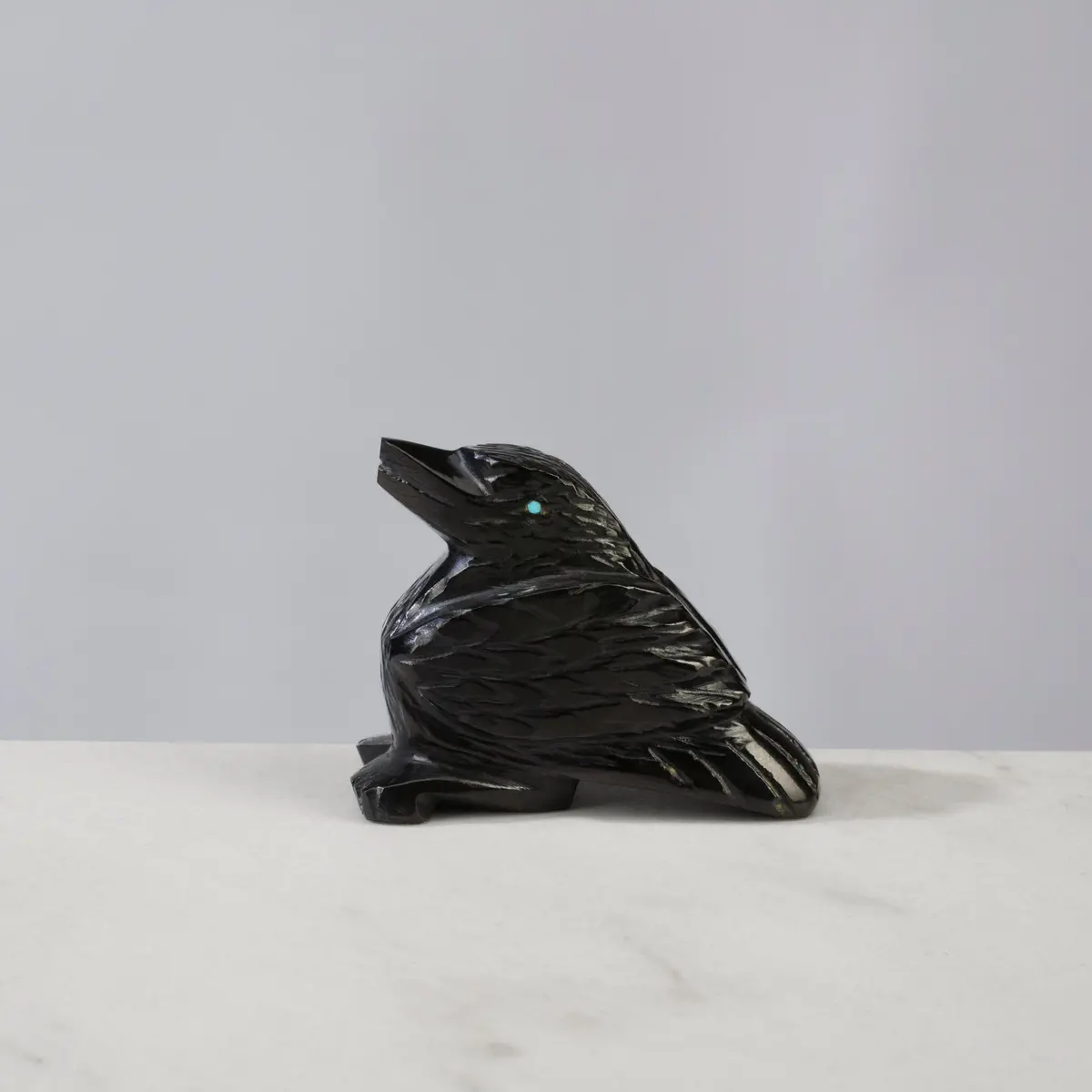 Tony Mackel Black Marble Handmade Zuni Fetish Raven Carving 1