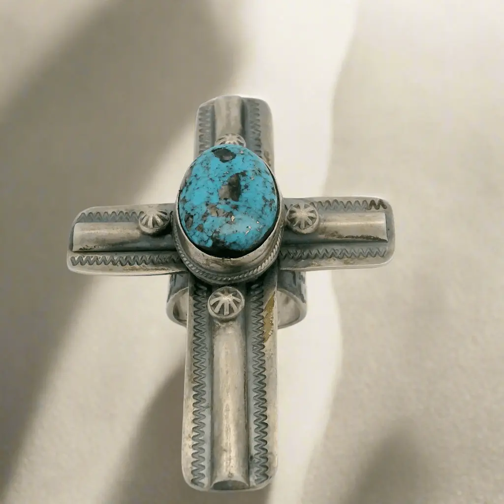 Sandra Nez Kingman Turquoise Cross Navajo Usa Native American Made 925 Sterling Silver Ring 1