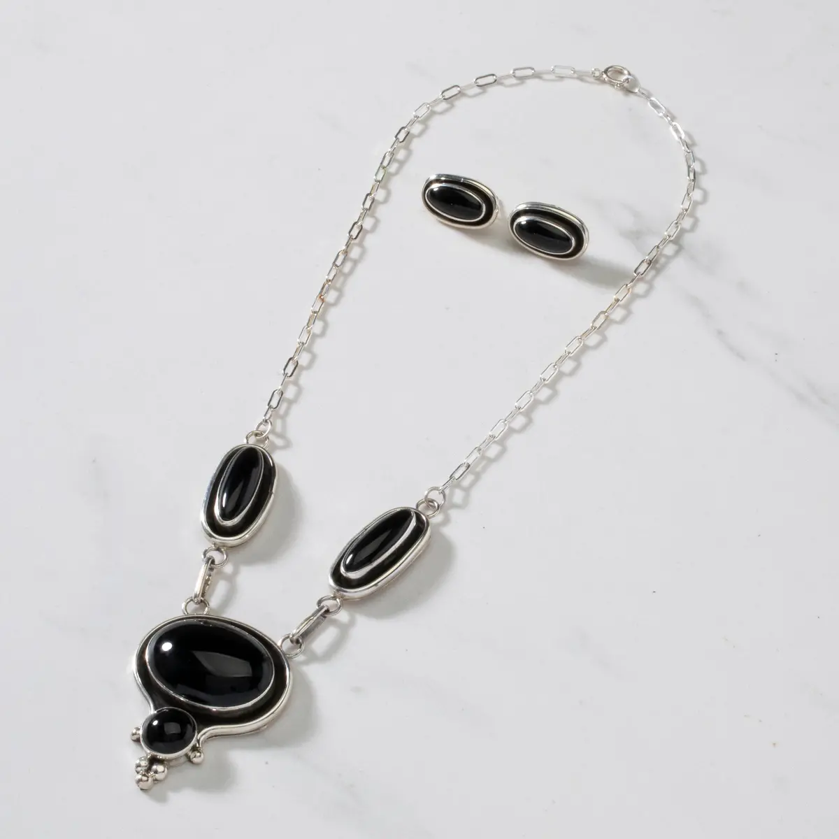 16" Paul Livingston Black Onyx Navajo Usa Native American Made 925 Sterling Silver Choker Necklace & Earring Set 1