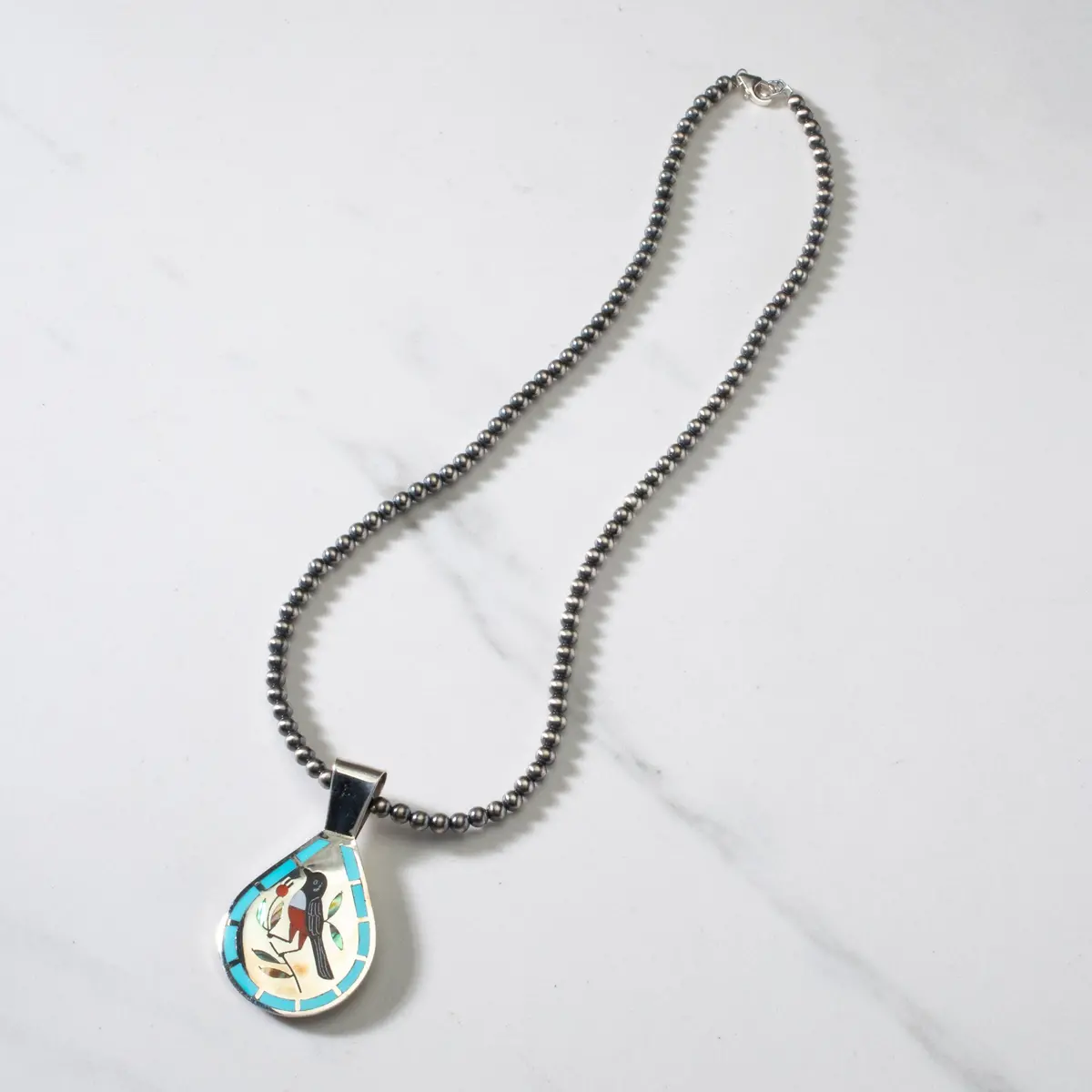 18" Dennis & Nancy Edaakie Mutli Gem Bird Zuni Inlay Pendant With 4Mm Navajo Pearl Necklace Usa Native American Made 925 Sterling Silver 1