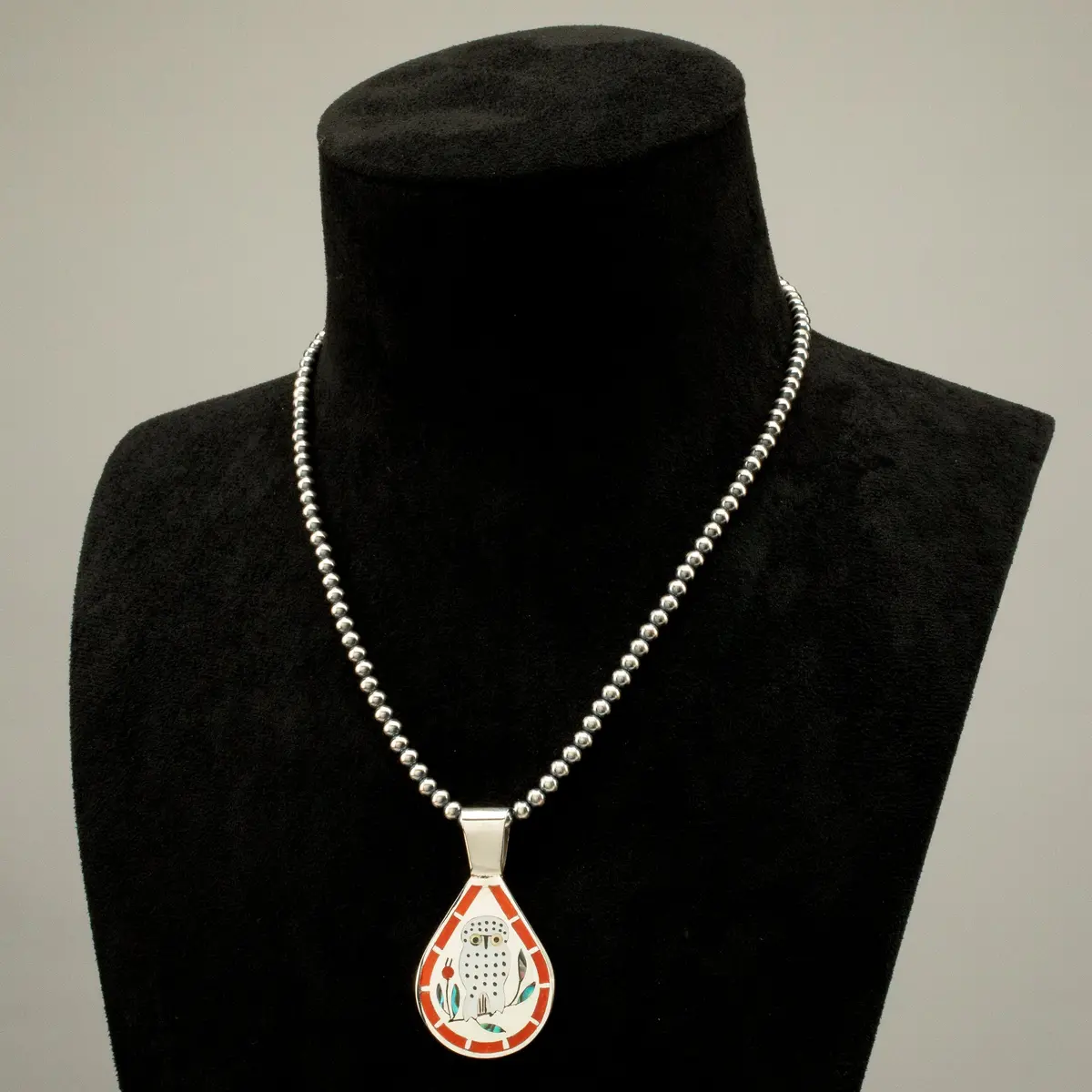 18" Dennis & Nancy Edaakie Mutli Gem Owl Zuni Inlay Pendant With 4Mm Navajo Pearl Necklace Usa Native American Made 925 Sterling Silver 2
