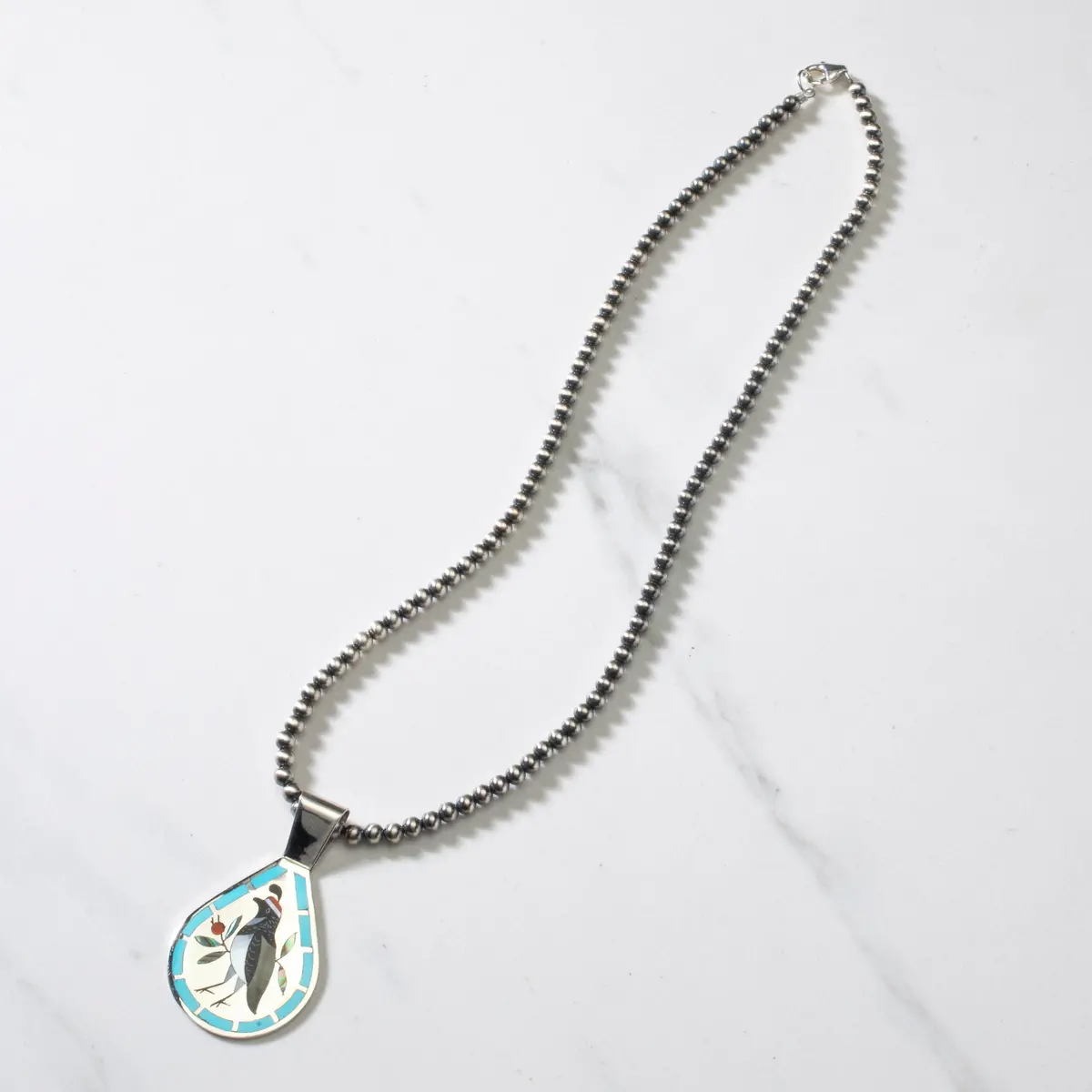 18" Dennis & Nancy Edaakie Mutli Gem Quail Zuni Inlay Pendant With 4Mm Navajo Pearl Necklace Usa Native American Made 925 Sterling Silver 1