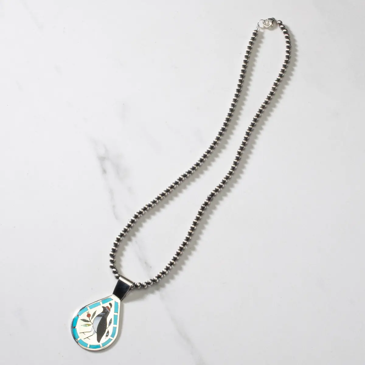 18" Dennis & Nancy Edaakie Mutli Gem Quail Zuni Inlay Pendant With 4Mm Navajo Pearl Necklace Usa Native American Made 925 Sterling Silver 1