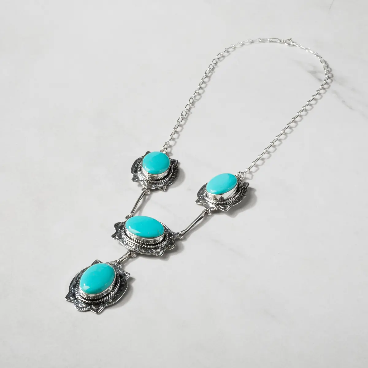 18" Kingman Turquoise Jose Piaso Jr. Usa Native American Made 925 Sterling Silver Chain Link Necklace 1