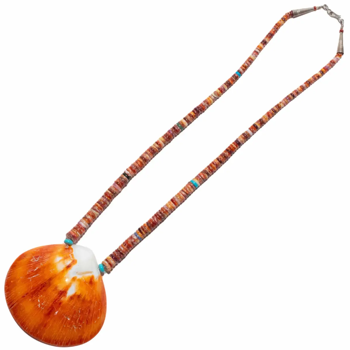 26" Orange Spiny Oyster Shell & Turquoise Usa Native American Made 925 Sterling Silver Heishi Bead Necklace 1