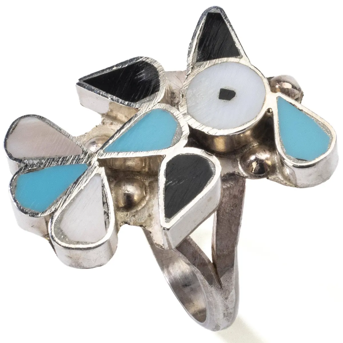 Pino Yunie Zuni Peyote Bird With Mother Of Pearl, Black Onyx, And Turquoise Usa Native American Made 925 Sterling Silver Ring 1