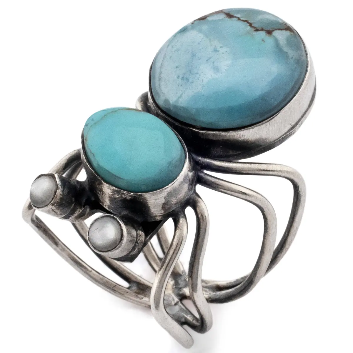 Herbert Ration Kingman Turquoise And Golden Hills Turquoise Spider Usa Native American Made 925 Sterling Silver Ring 1