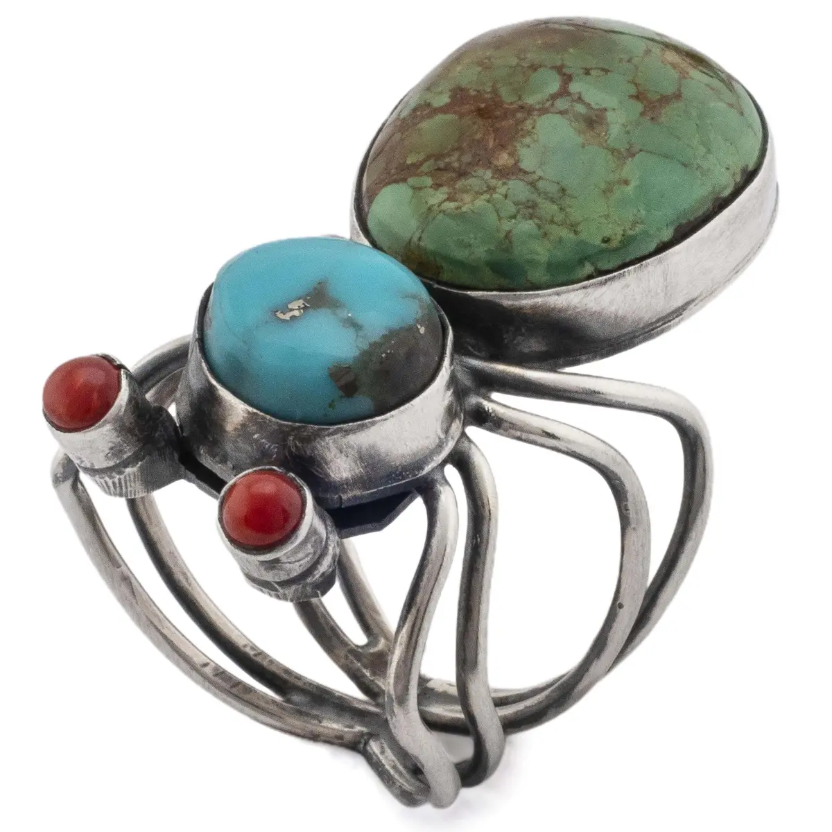 Herbert Ration Kingman Turquoise And Coral Spider Usa Native American Made 925 Sterling Silver Ring 1