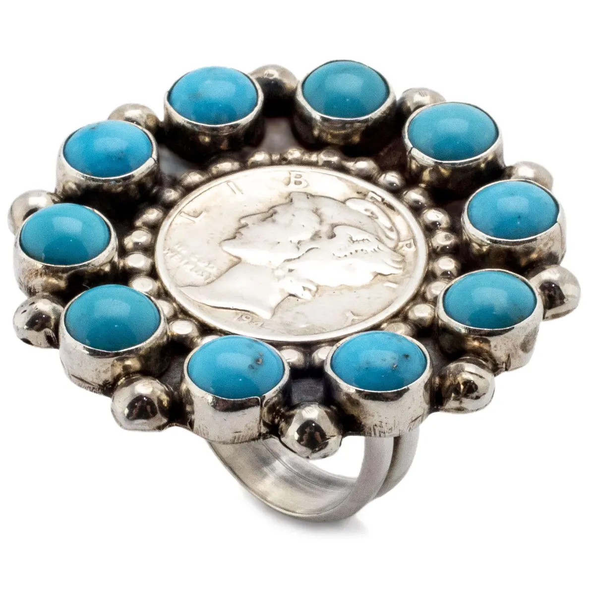 Kingman Turquoise Liberty Coin Usa Native American Made 925 Sterling Silver Adaptive Ring 1