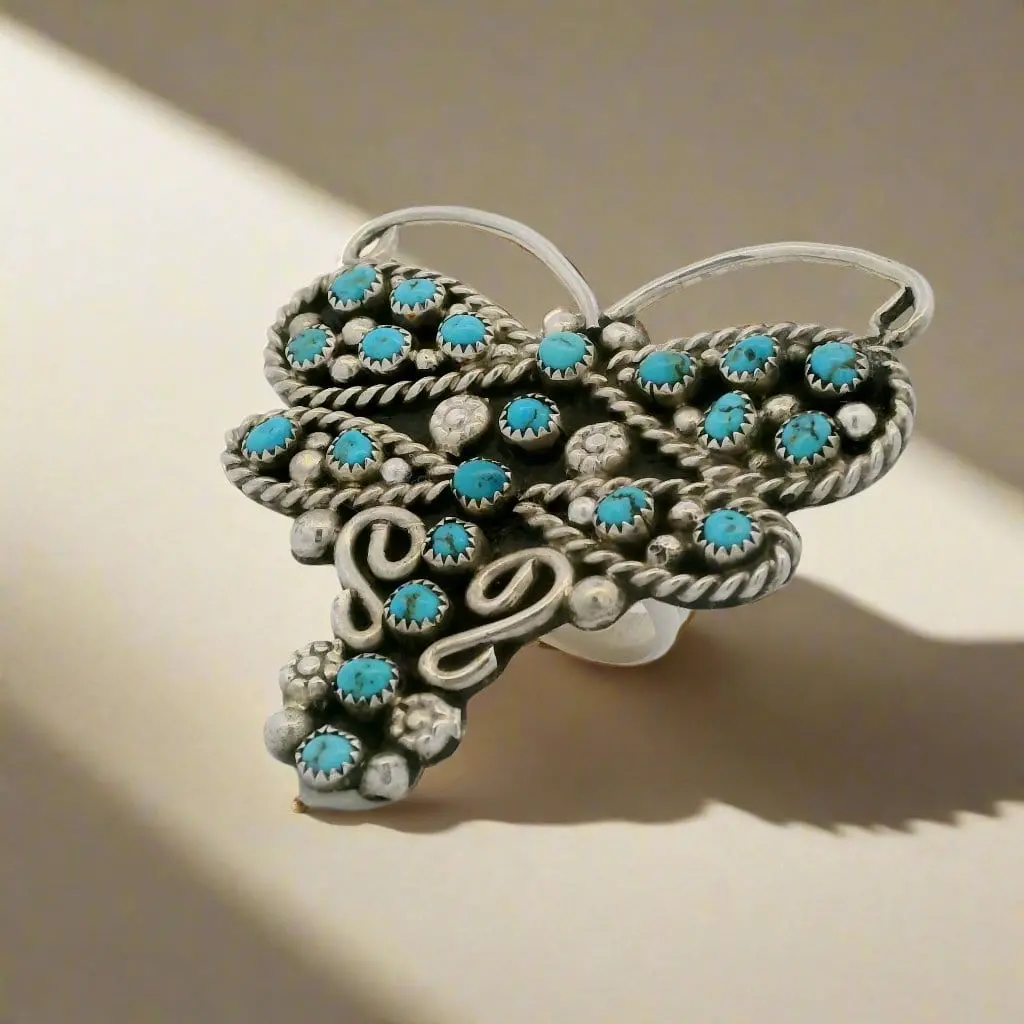 Brendan James Sleeping Beauty Turquoise Butterfly Navajo Usa Native American Made 925 Sterling Silver Adjustable Ring 1