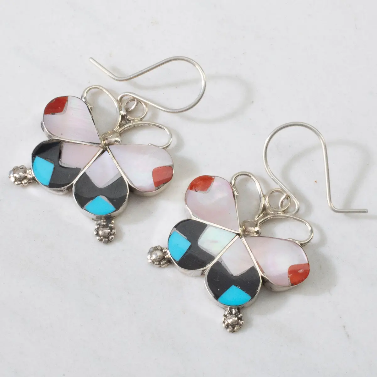 Alison Dishta Multi Gem Butterfly Usa Zuni Native American Made 925 Sterling Silver Earrings With French Hook Backing 1