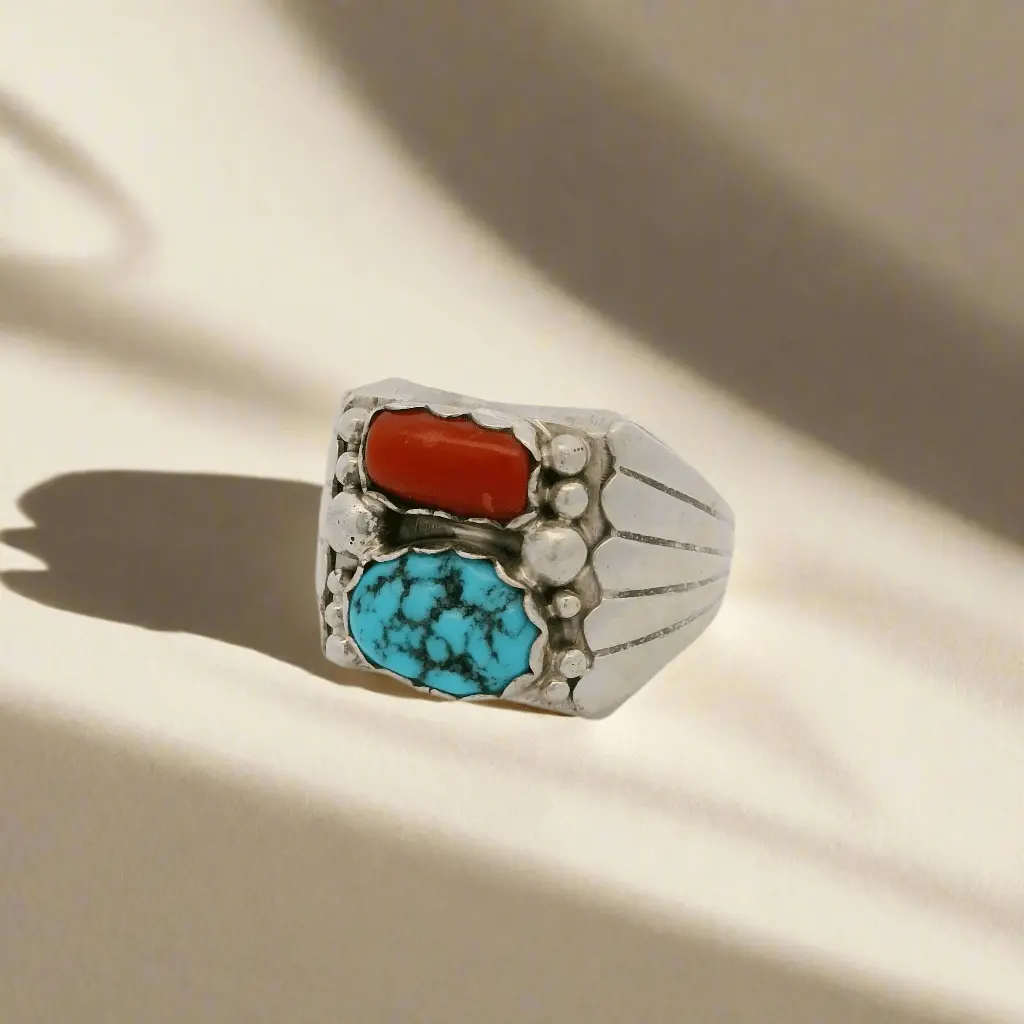 Alvery Smith Turquoise & Coral Navajo Usa Native American Made 925 Sterling Silver Ring 1