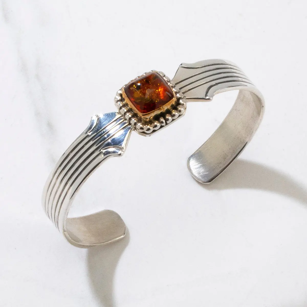 Amber Navajo Usa Native American Made 12K Gold Filled & 925 Sterling Silver Cuff 1