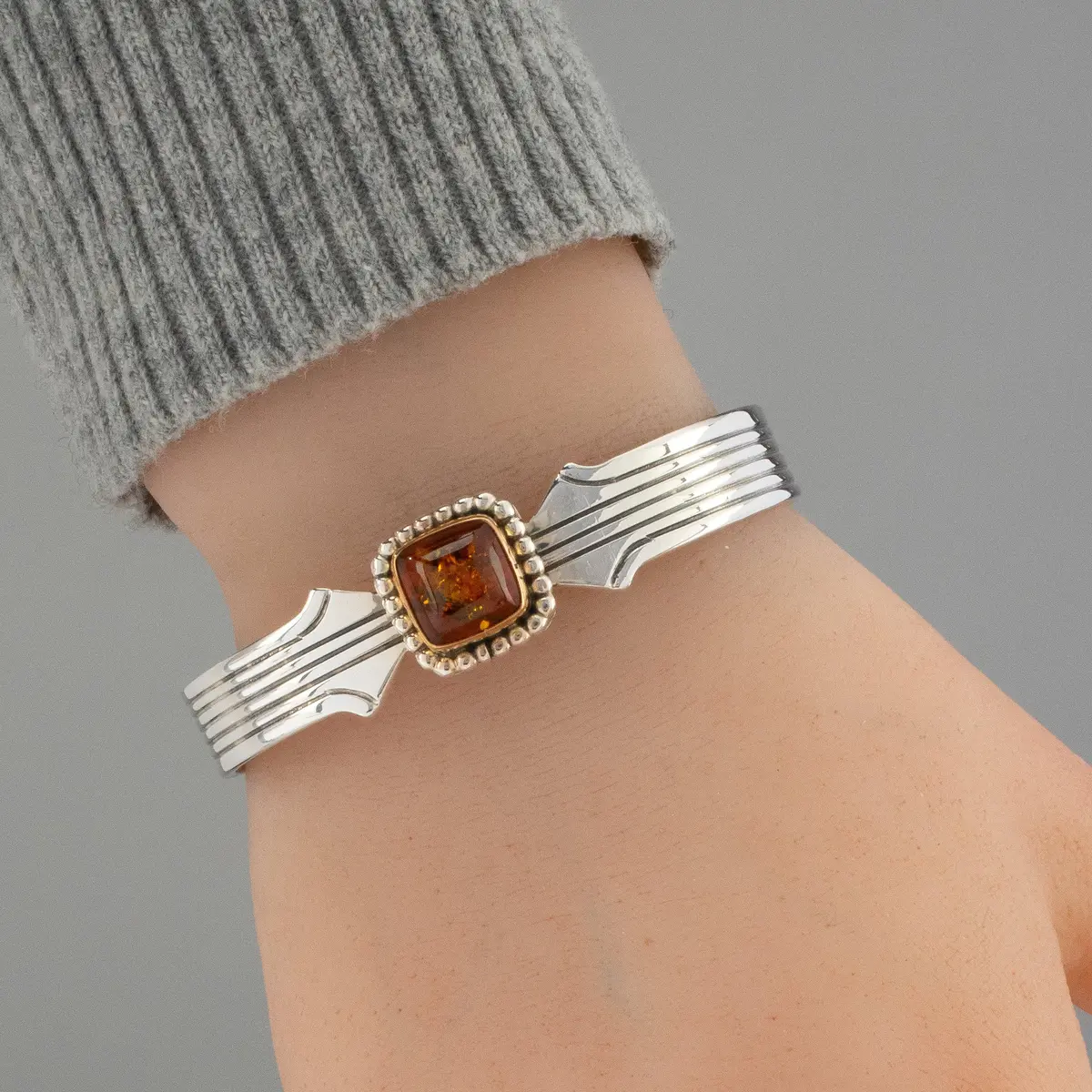 Amber Navajo Usa Native American Made 12K Gold Filled & 925 Sterling Silver Cuff 2