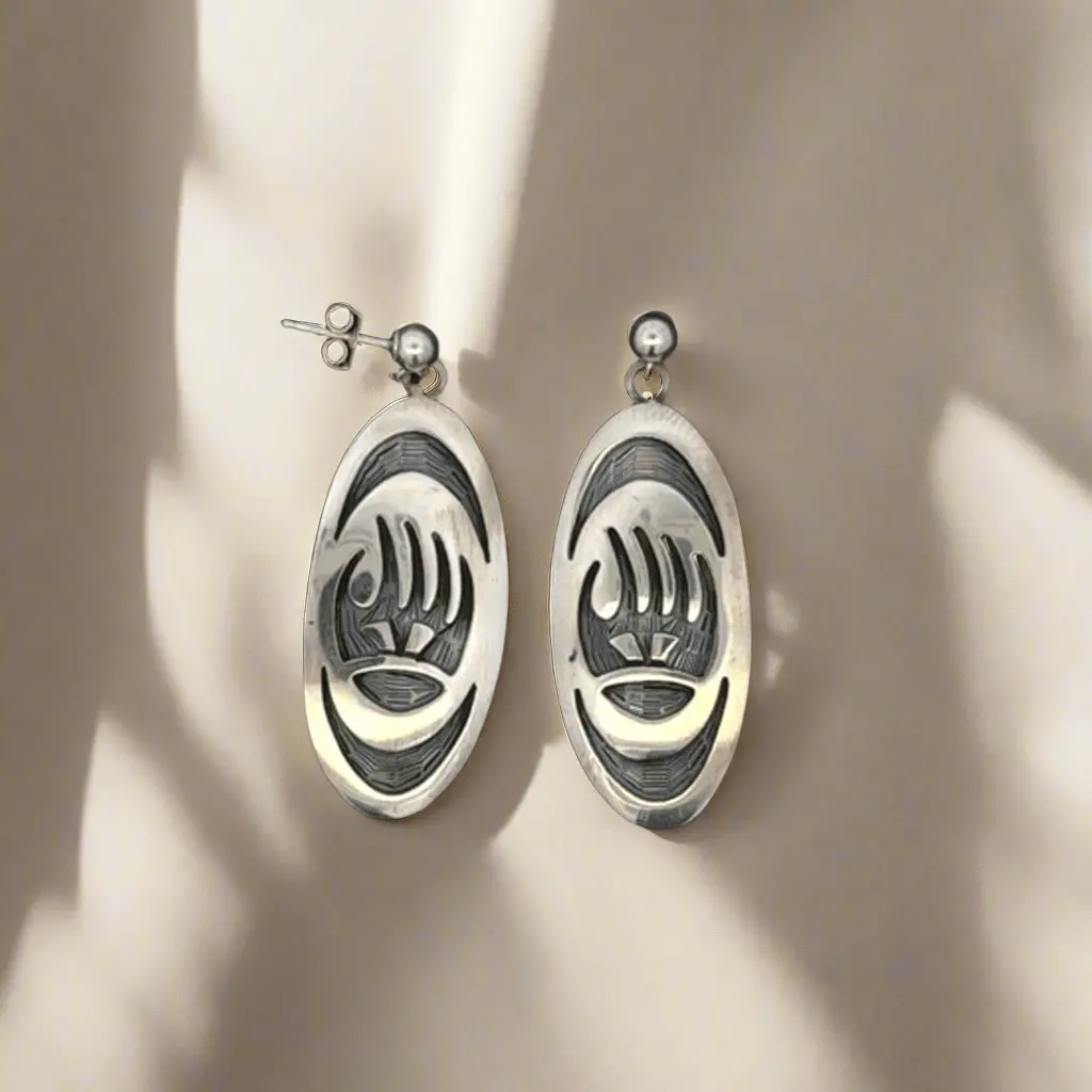 Bear Paw Oval Hopi Usa Native American Made 925 Sterling Silver Earrings With Stud Backing 1