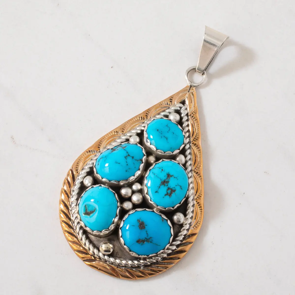 Bobby Johnson Sleeping Beauty Turquoise Teardrop Navajo Usa Native American Made 925 Sterling Silver & 12K Gold Filled Pendant 1
