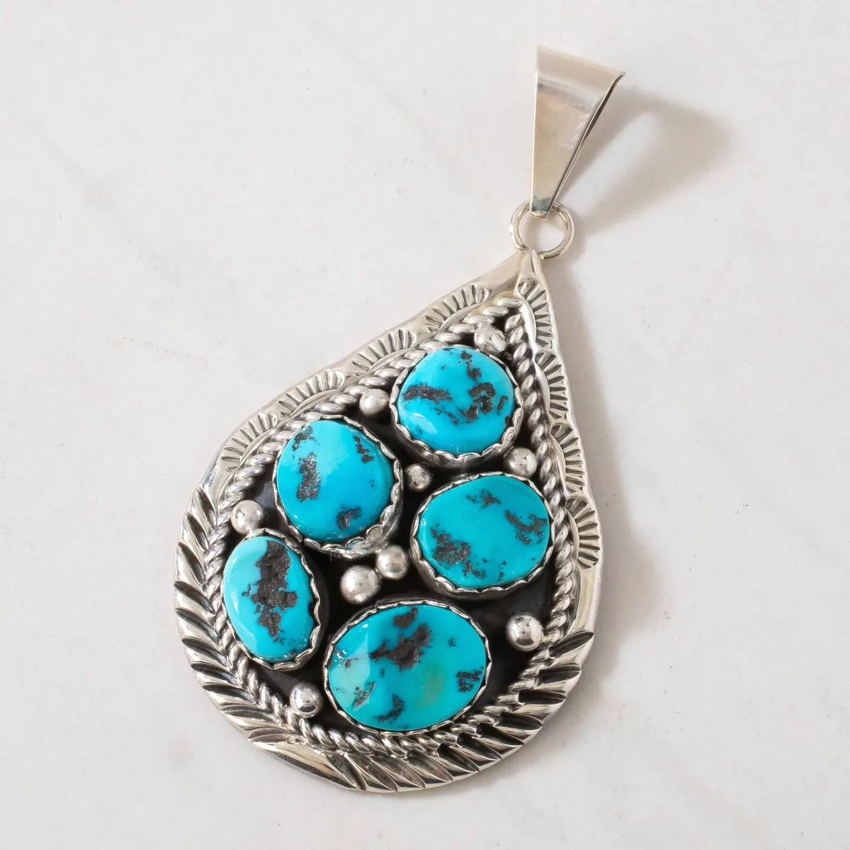 Bobby Johnson Sleeping Beauty Turquoise Teardrop Navajo Usa Native American Made 925 Sterling Silver Pendant 1