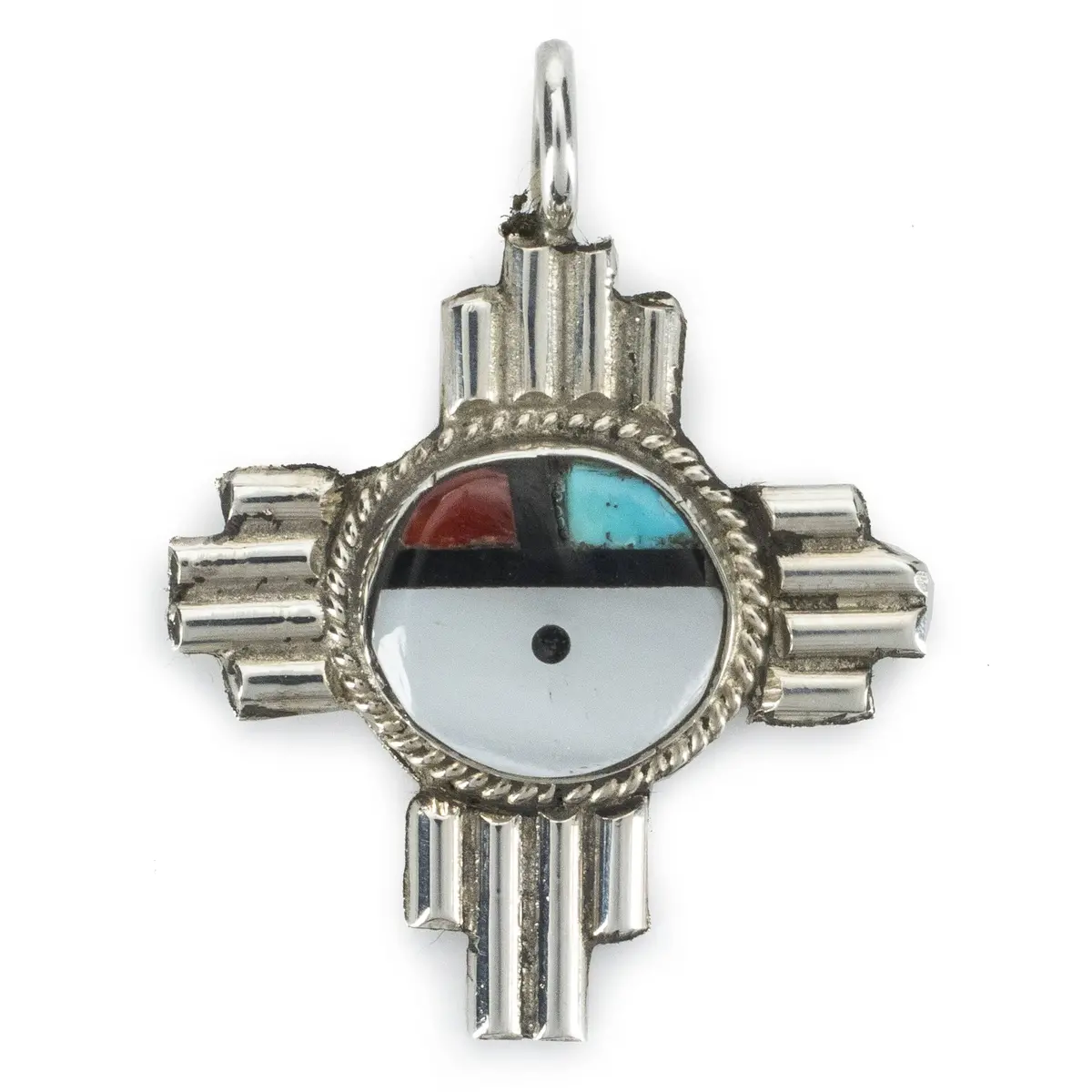C. Cheama Mother Of Pearl, Turquoise, Jet, Coral Zuni Usa Native American Made 925 Sterling Silver Pendant 1