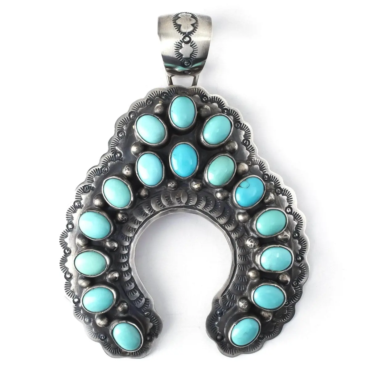 Campitos Turquoise Native American Made 925 Sterling Silver Naja Squash Blossom 16 Cabochon Pendant 1