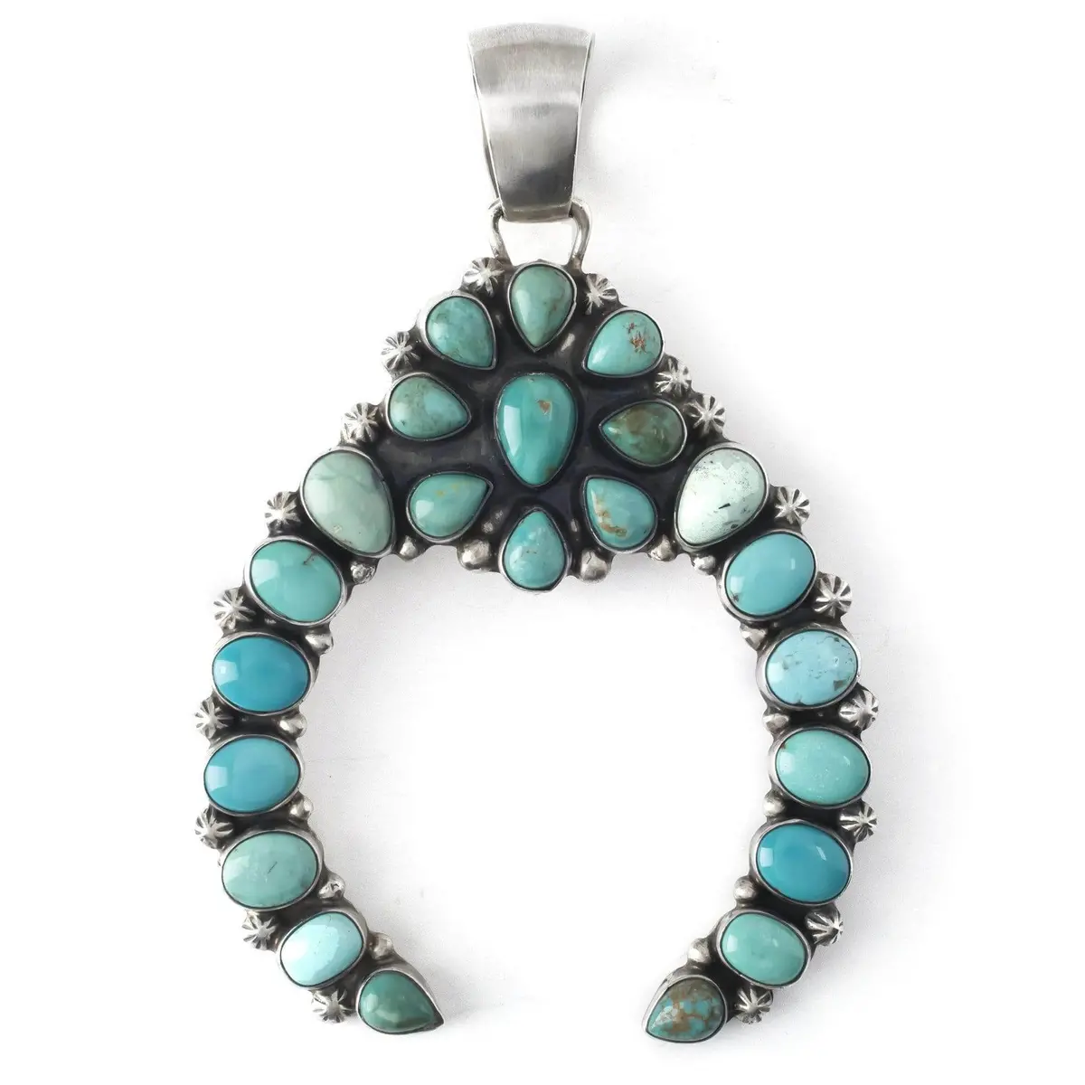 Carico Lake Turquoise Native American Made 925 Sterling Silver Naja Squash Blossom 23 Cabochon Pendant 1
