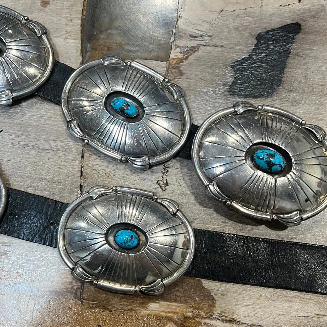 Charles Mike Yazzie Navajo Persian Turquoise And Genuine Leather Usa Native American Made 925 Sterling Silver Concho Belt 1