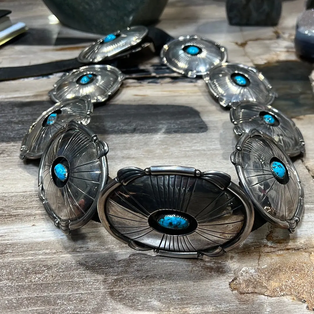 Charles Mike Yazzie Navajo Persian Turquoise And Genuine Leather Usa Native American Made 925 Sterling Silver Concho Belt 2