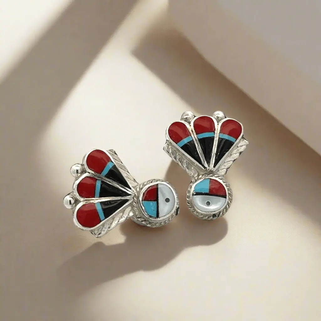 Clarence Pedro Sunface Multi Gem Zuni Usa Native American Made 925 Sterling Silver Earrings With Stud Backing 1