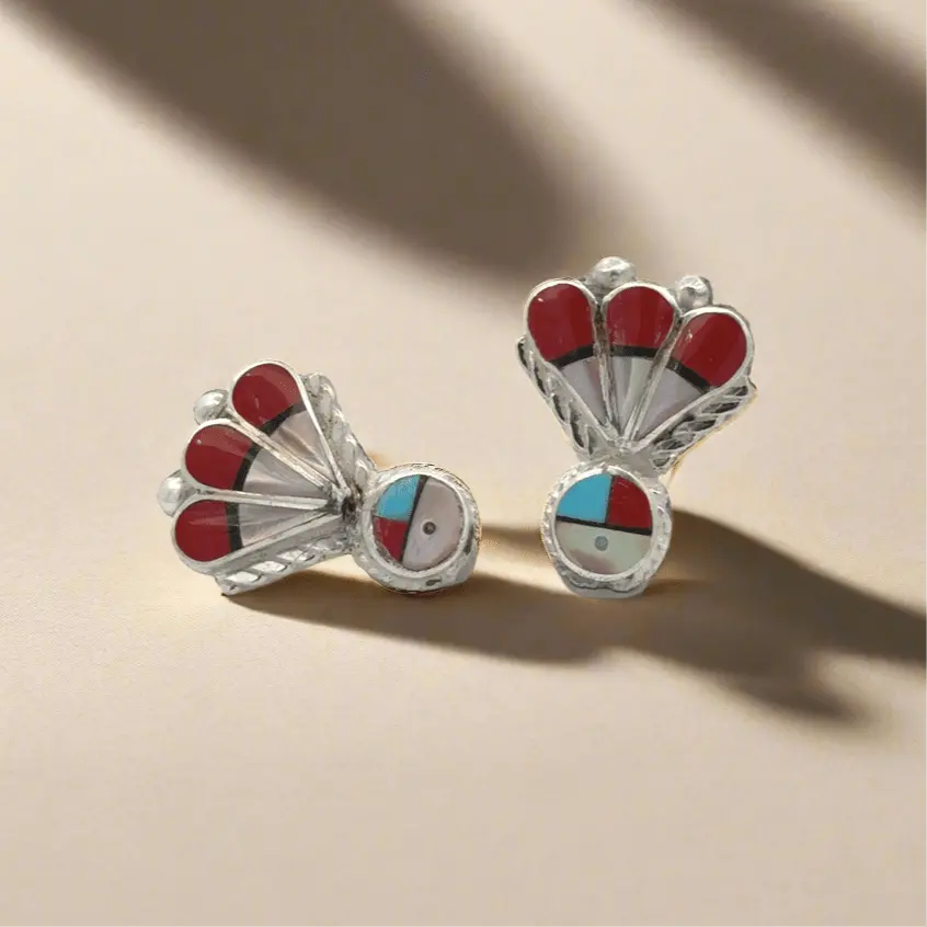 Clarence Pedro Sunface Multi Gem Zuni Usa Native American Made 925 Sterling Silver Earrings With Stud Backing 1