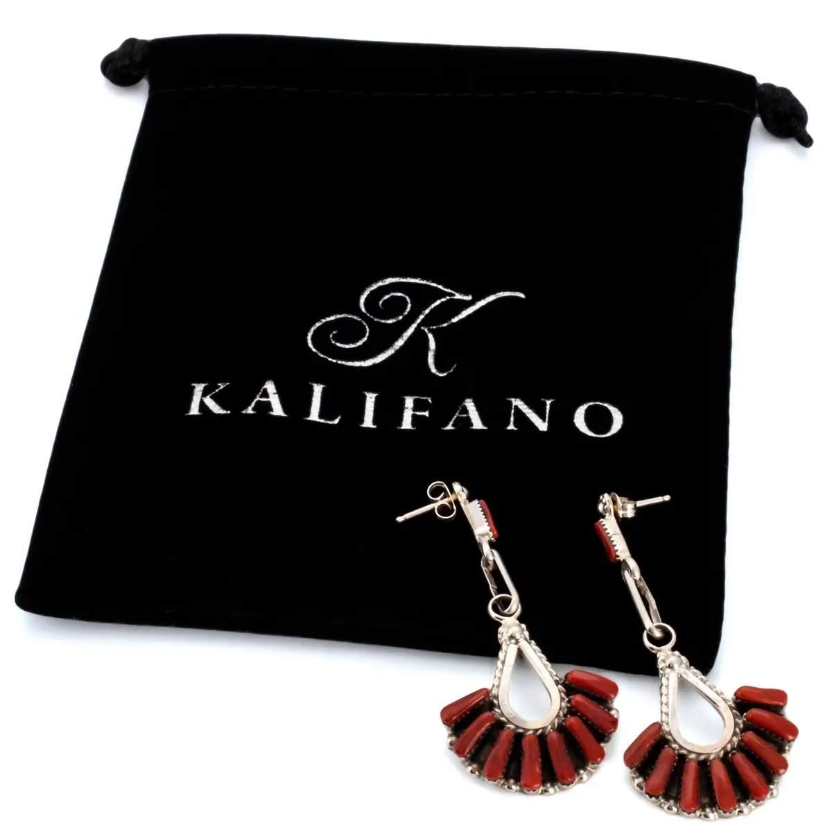 Coral Zuni Needle Point Usa Native American Made 925 Sterling Silver Earrings With Stud Backing 2